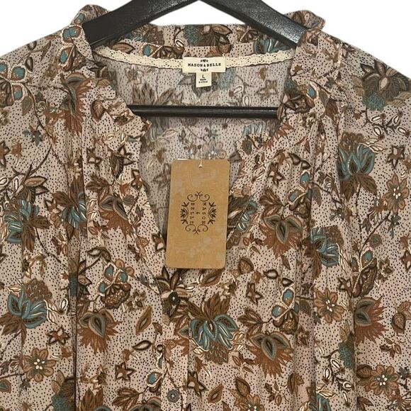 Mason & Belle Floral Ruffle Blouse Top Womens Large Split Neck Long Sleeve Boho - Picture 2 of 6